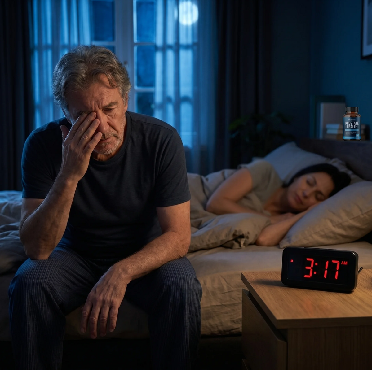 A woman lying awake at night beside an empty side of the bed