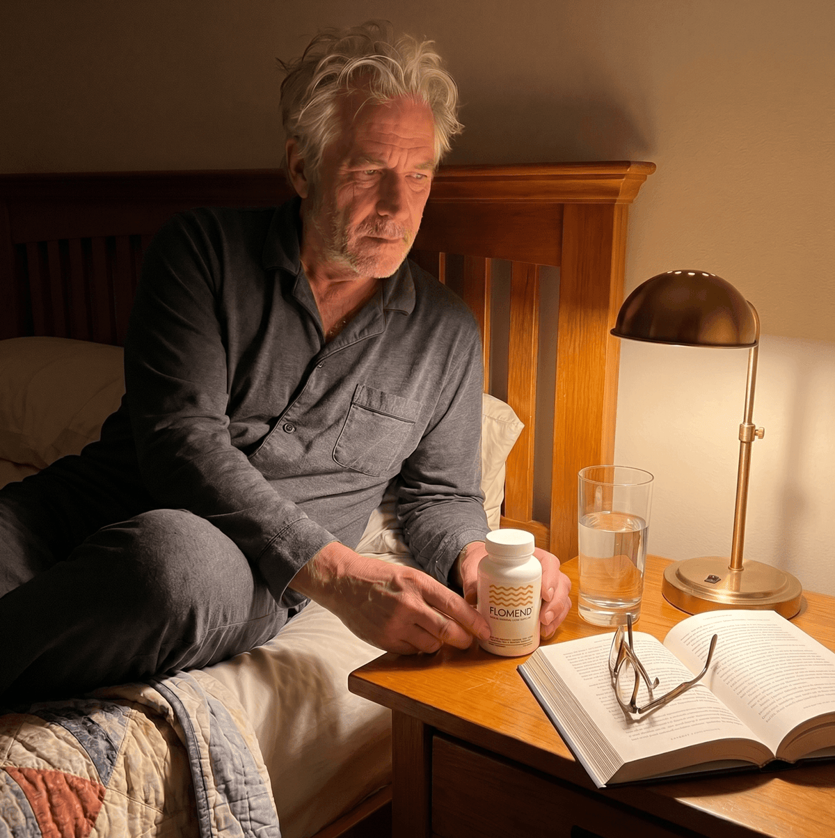 FLOMEND bottle on a bedside table